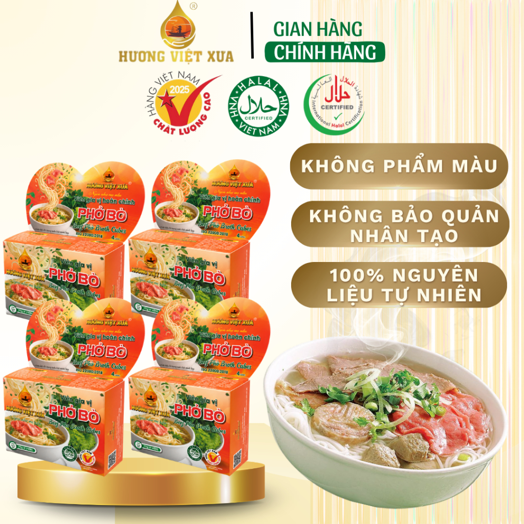 Combo 4 Hộp Viên gia vị Phở Bò Hương Việt Xưa 75G ( 4 Viên 1 Hộp) Gia Vị Nấu Phở Bò Viên Súp Nấu Phở