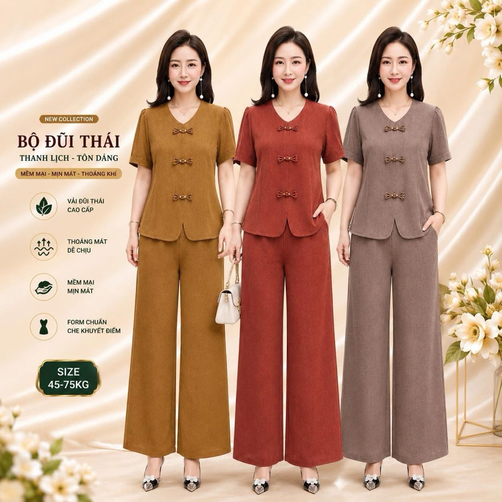 Đồ Bộ nữ Trung Niên Cho Mẹ mặc nhà, Chất Đũi Thái Cao Cấp quần ống rộng mã TL41