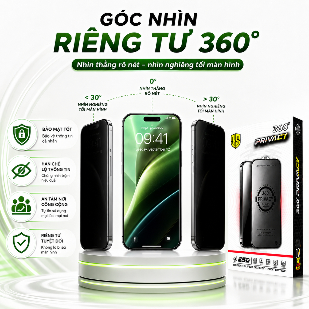 Kính Cường Lực iPhone Chống Nhìn Trộm 360° Bảo Vệ Full Màn - iP 7/8/Plus/X/XS/XR/11/12/13/14/15/16/Pro/Max/Mini Miin | BigBuy360 - bigbuy360.vn