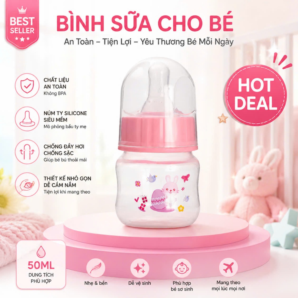 Bình sữa BuBu 60ml núm mềm chống sặc sữa,đầy hơi. Bình sữa mini cho bé tập bú bình Tgkids