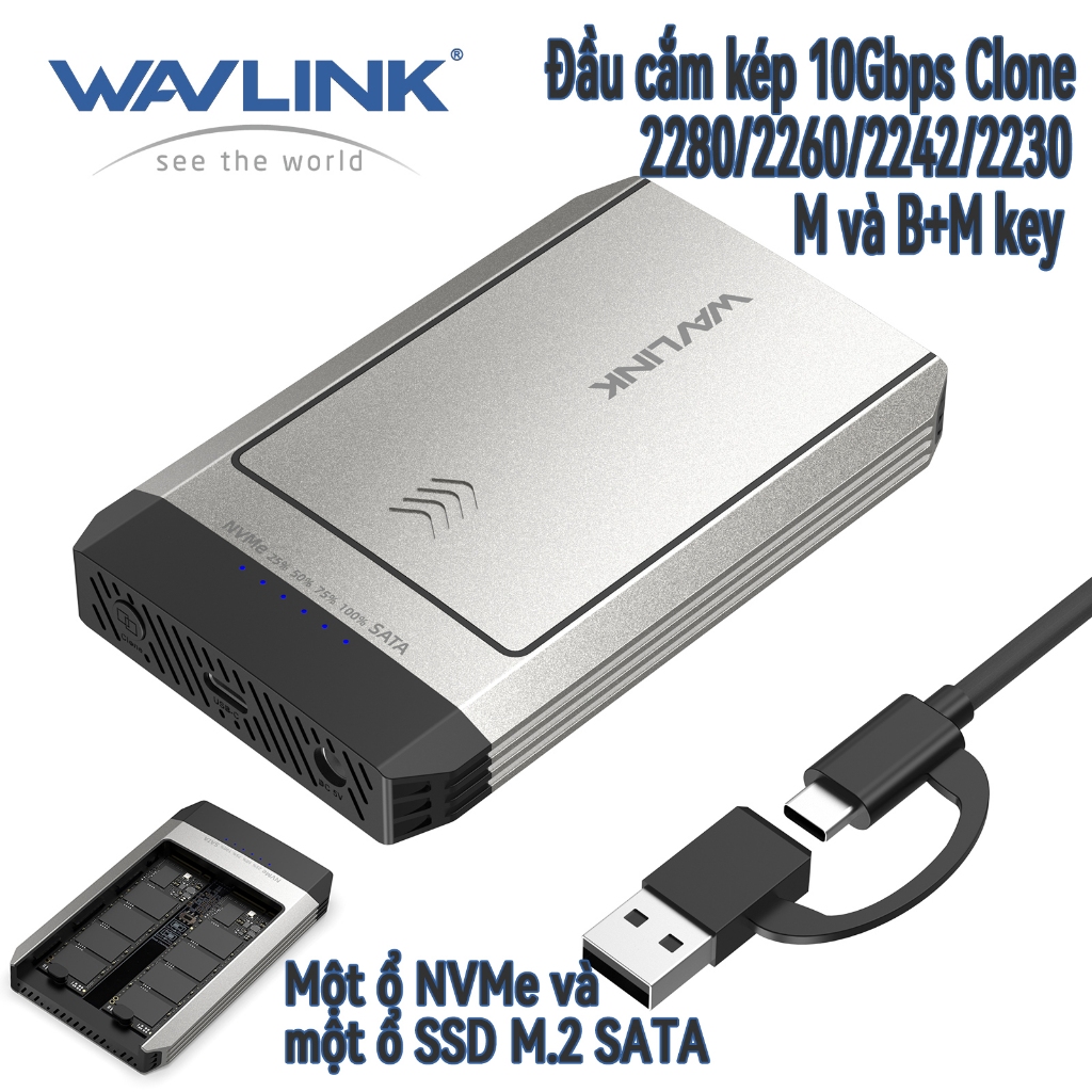 Ổ Cứng WAVLINK Dual-Bay M.2 SSD NVMe, Nhân Bản Offline, USB-C USB3.2 Gen2 10Gbps 8TB