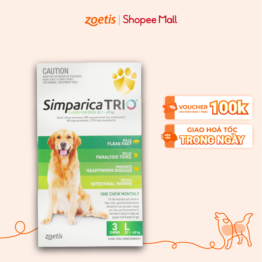 Simparica Trio –Viên Nhai Phòng Ve, Ghẻ Bọ Chét kết hợp Tẩy Giun Cho Chó Zoetis từ 20.1-40kg size L(