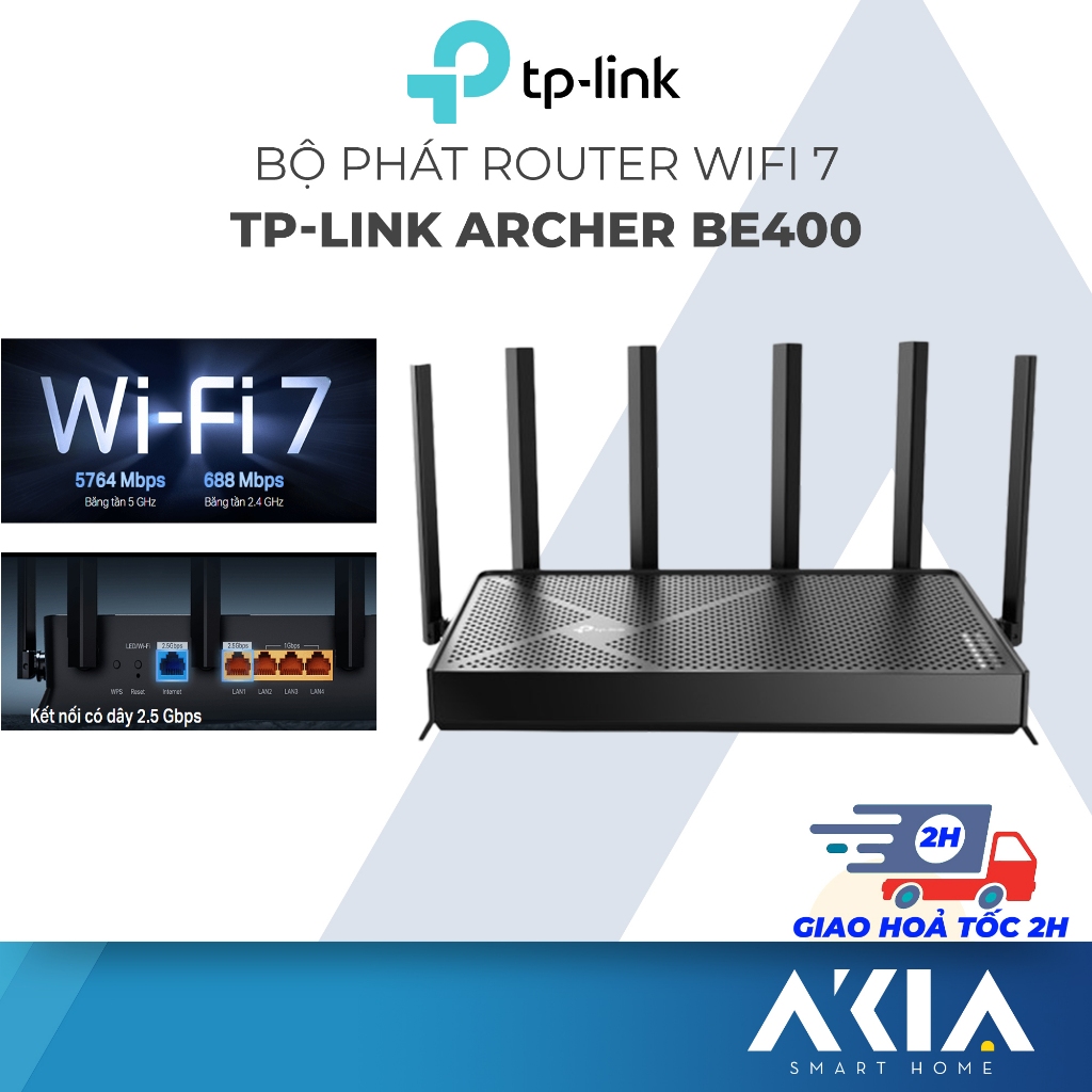 Bộ phát router WiFi 7 TP-Link Archer BE400 băng tần kép BE6500, cổng mạng 2.5Gbps, chính hãng