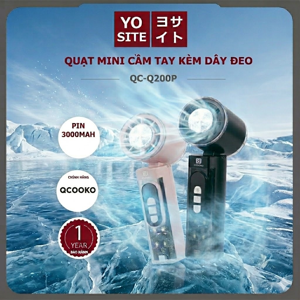 [Đời Mới Nhất] Quạt Sò Lạnh, Quạt Mini Cầm Tay Quạt Tích Điện Để Bàn QCOOKO 199 cấp độ gió , đèn LED 10h sử dụng ,