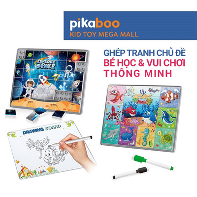 Đồ chơi ghép tranh chủ đề có bảng vẽ xóa thông minh Pikaboo, đồ chơi lắp ráp thông minh bé vừa học vừa chơi