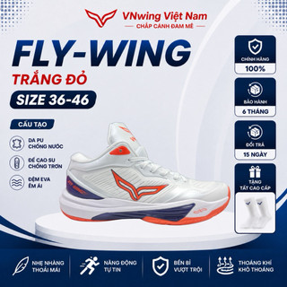 Giày bóng chuyền cổ cao FLY_WING chính hãng nam nữ màu trắng đỏ đế cao su bền bỉ,bám sân,êm ái,fom giày đẹp,bh 3 tháng