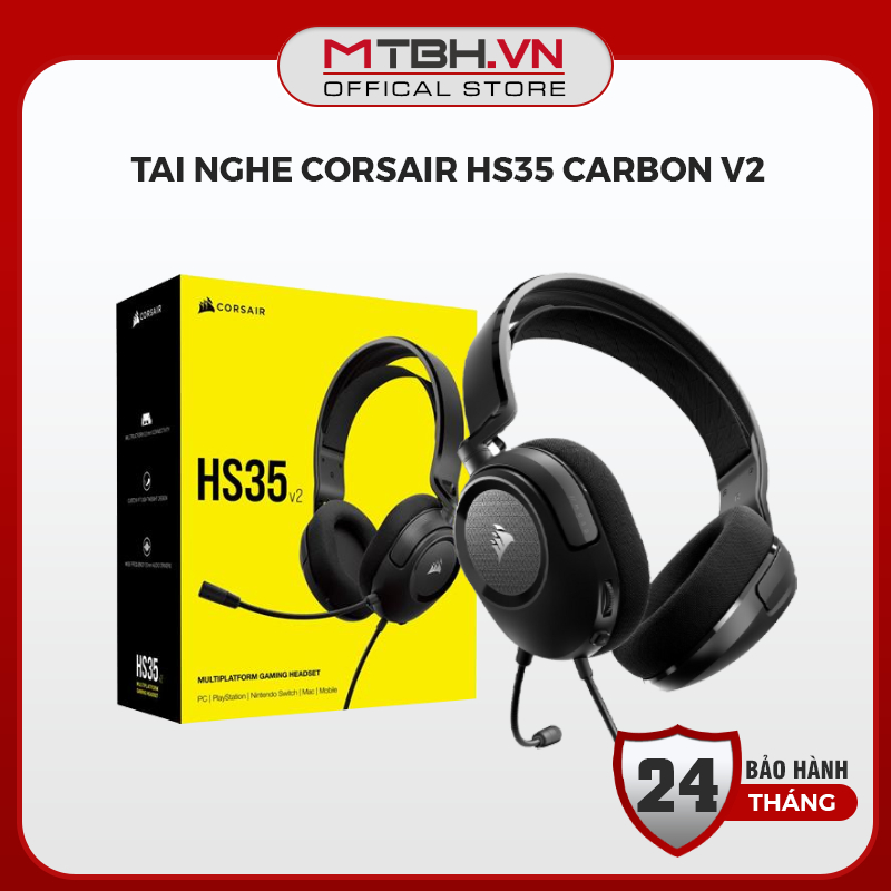 Tai Nghe Chụp Tai Gaming Corsair HS35 V2 Carbon - Âm Thanh Vòm Sống Động, Mic Khử Ồn Tiện Lợi