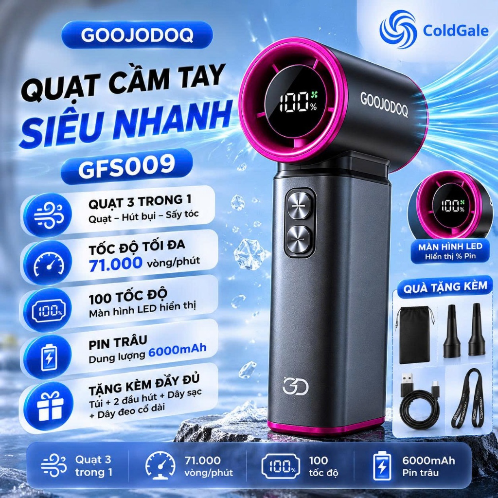 Quạt Mini Turbo ColdGale GFS009 Chính Hãng - Gió Siêu Mạnh 71000RPM, Màn Hình LED, Pin 6000mAh