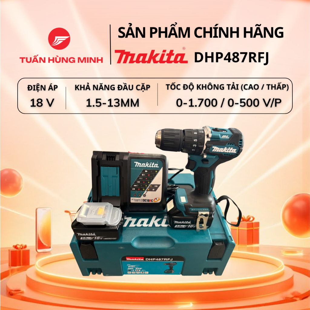 Máy bắt vít, khoan búa dùng Pin 18V Makita DHP487RFJ/ DHP487Z Chính hãng, Giá tốt tại Tuấn Hùng Minh