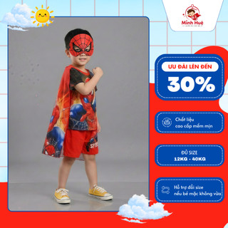 Bộ đồ siêu anh hùng in 3D cotton kèm áo choàng và mặt nạ cho bé 12-40kg