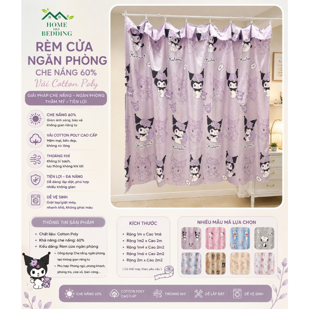 Rèm Cửa ngăn phòng che nắng RIDO phòng ngủ có móc treo được chọn màu