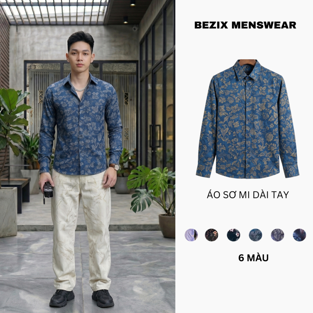 Áo sơ mi nam BAZIX C4 họa tiết hoa văn cổ điển, vải lụa mềm thoáng mát, form slim fit lịch lãm