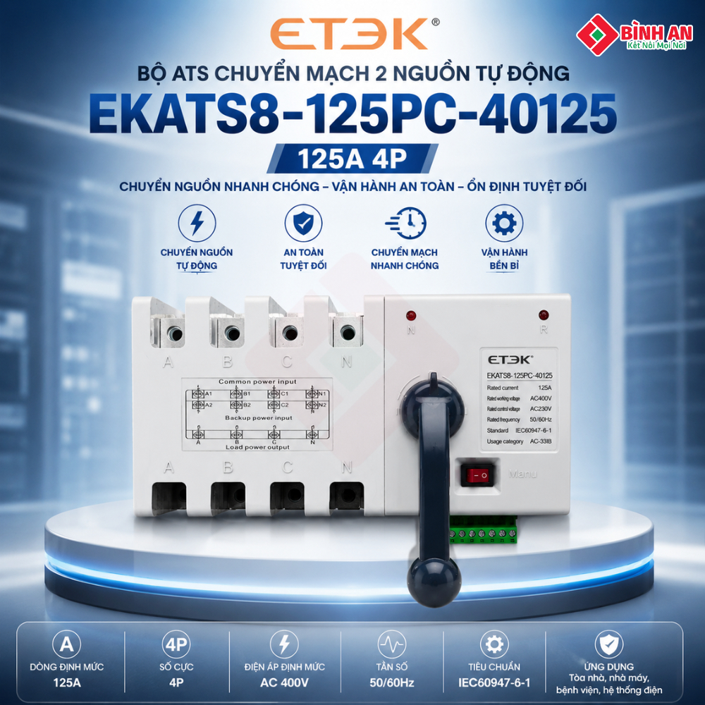 Bộ ATS chuyển mạch 2 nguồn tự động EKATS8-125PC-40125, 125A 4P