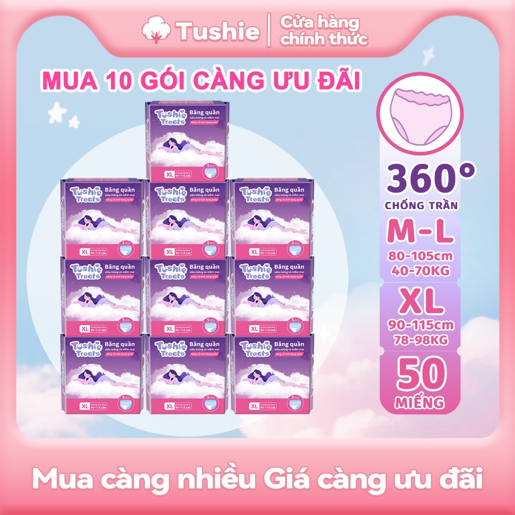 Combo 50 miếng băng vệ sinh dạng quần Tushie Treats size M-XL, Quần bvs mềm mịn, không cộm, không lộ