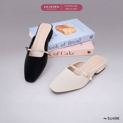 Giày sục nữ HÀ HUYỀN da lì mũi vuông quai đá gót vuông 2cm - SU498
