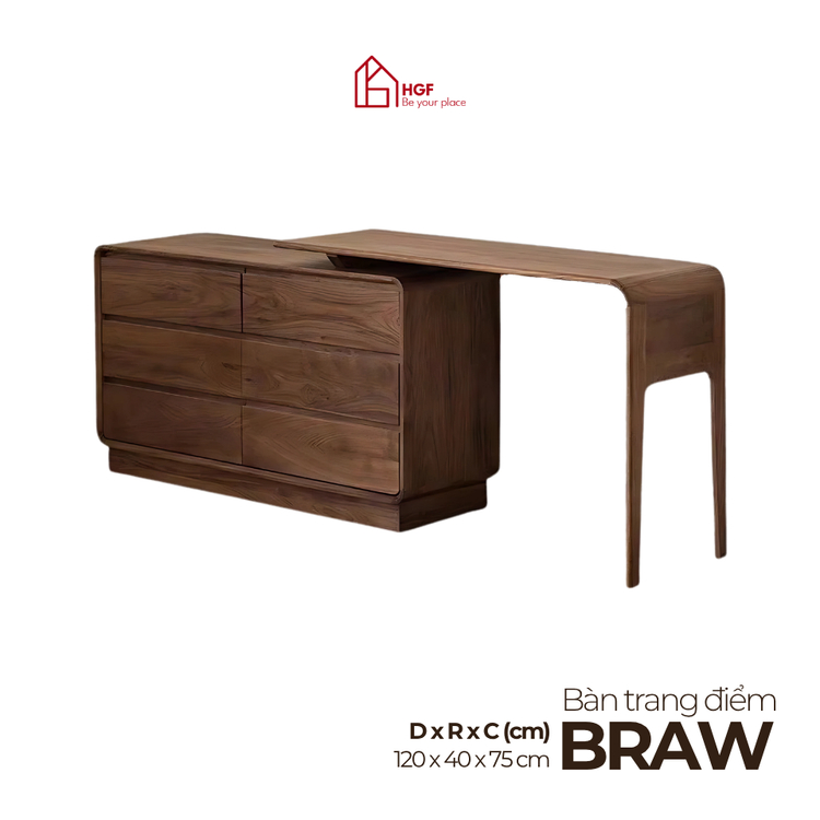Bàn trang điểm, bàn làm việc BRAW HGF mặt bàn di dộng 6 hộc kéo, gỗ Plywood phủ Veneer, 120x40x75cm,