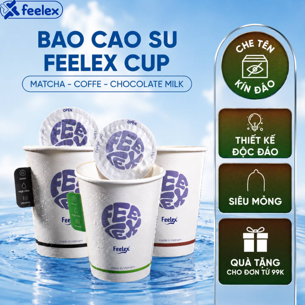 Bao cao su Feelex Cup siêu mỏng, hương Matcha, Coffee, Chocolate Milk, nhiều gel bôi trơn - hộp 10 b