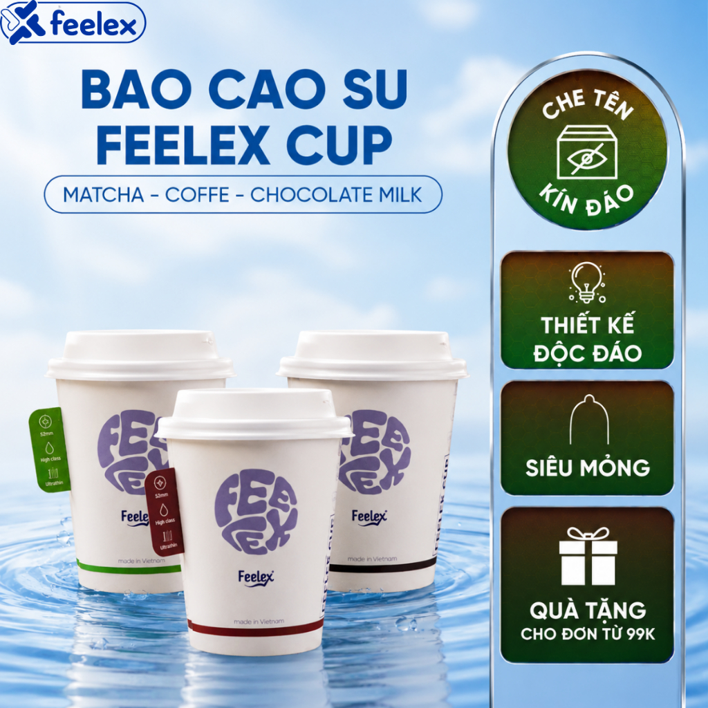 Bao cao su Feelex Cup dạng cốc độc lạ siêu mỏng, hương Matcha, Coffee, Chocolate Milk, nhiều gel bôi