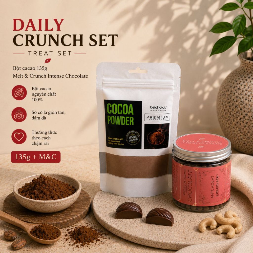 Belcholat Daily Crunch Set – Bột Cacao Nguyên Chất 135g + Socola Melt & Crunch Intense 160g, Socola 