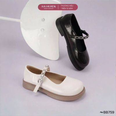Giày búp bê nữ HÀ HUYỀN da lì mũi tròn quai xích khóa cài đế cao 3cm - BB759