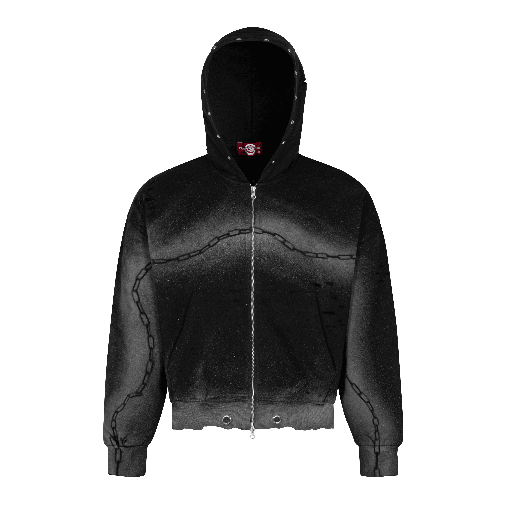 Áo Hoodie Zip Nỉ Chân Cua Custom Nhuộm Rách Đính Charm Kim Loại 420gsm TRAPPER CLUB