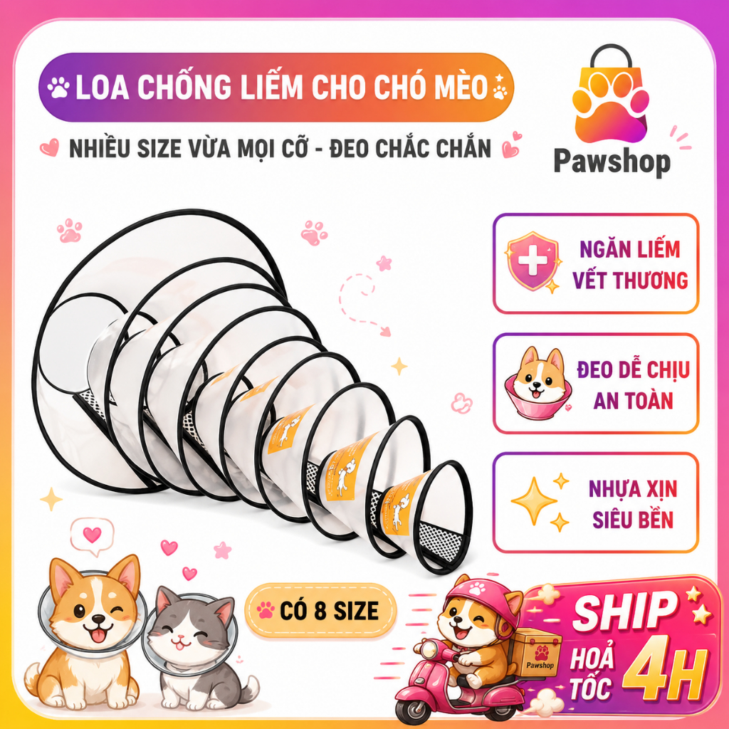 Loa chống liếm cho chó mèo Paw Shop mỏng nhẹ đeo thoải mái - Chắc chắn khó bung nhờ keo dính chắc