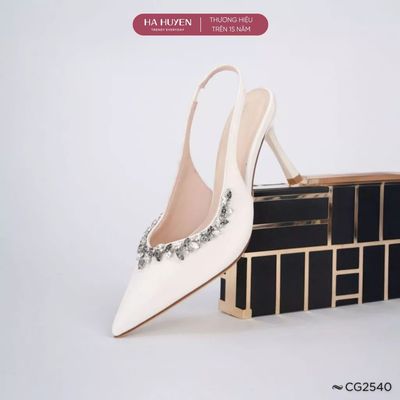  Giày cao gót nữ HÀ HUYỀN da lì mũi nhọn dây đá quai hậu gót nhọn 8cm - CG2540