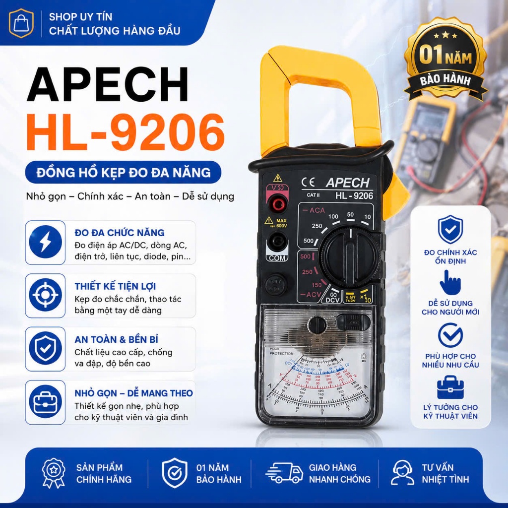 01 NĂM BẢO HÀNH [ APECH HL-9206 ] Ampe kìm hiển thị kim điện áp, điện trở Apech HL 9206 ( 500A ), gi