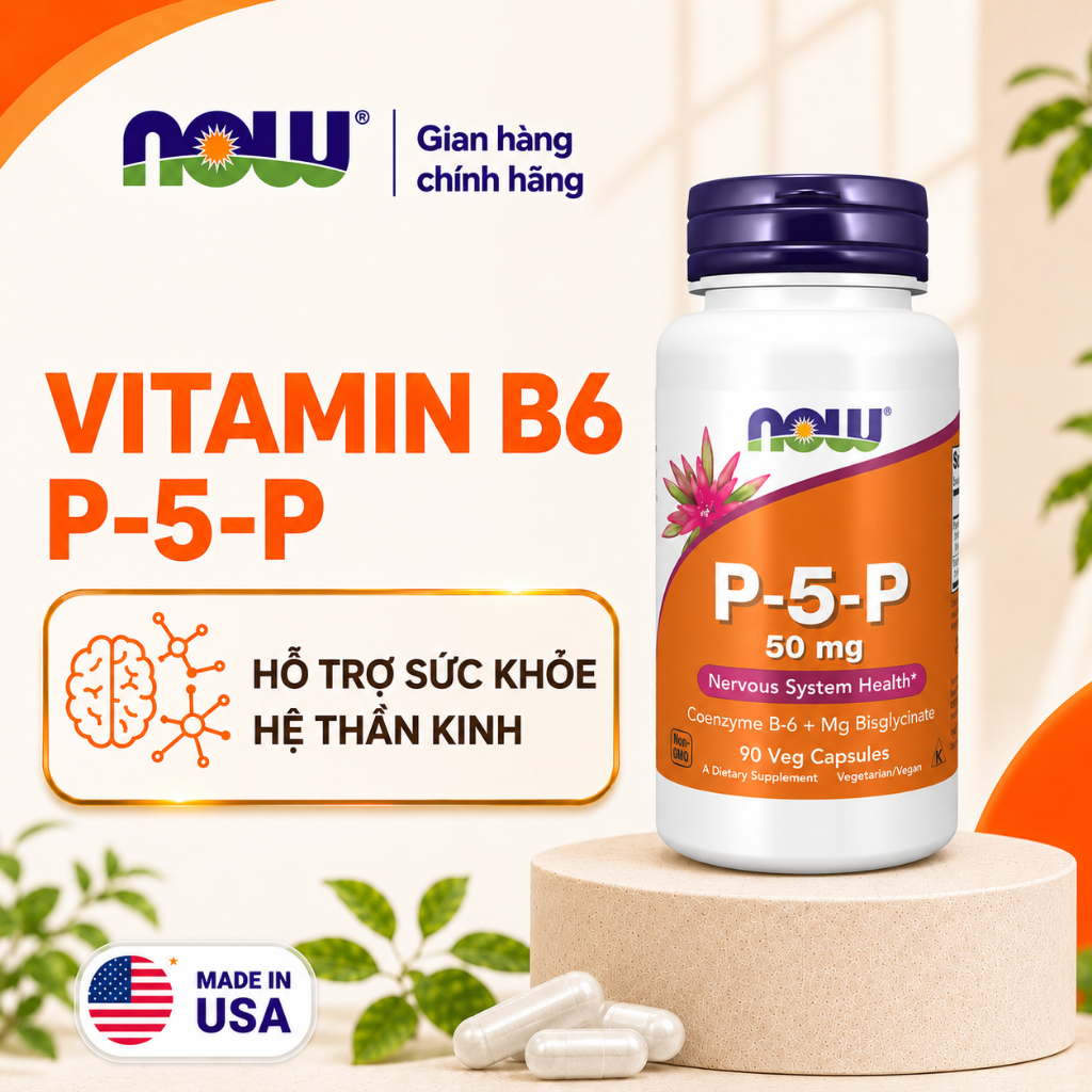 (đủ bill) Viên uống vitamin B6 Now P5P (Mỹ) hấp thụ cực nhanh, giảm stress, mất ngủ, đau cơ