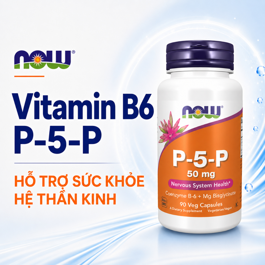 Viên uống magie vitamin B6 Now P5P của Mỹ (90 viên) giảm stress, đau đầu, mất ngủ, ngừa chuột rút