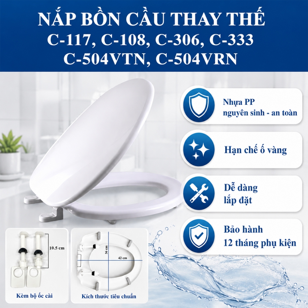 Nắp bồn cầu nhựa cao cấp thay tương thích bồn cầu Inax C117, C108, C306, C504VT, C504VR