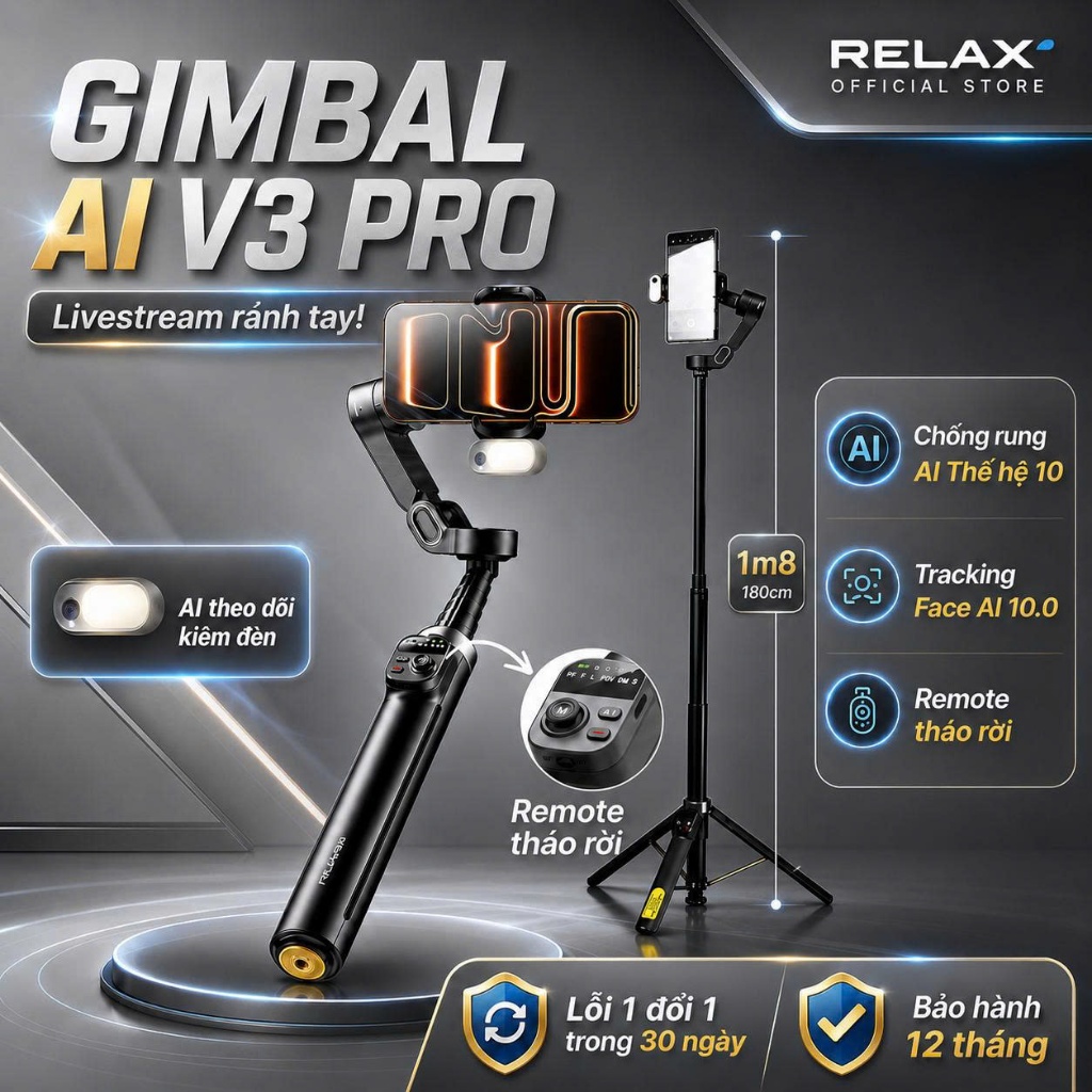 Gimbal Chống Rung Điện Thoại SMART V3 - Có Remote Tháo Rời Quay Phim Chụp Ảnh, Tracking Face 10.0