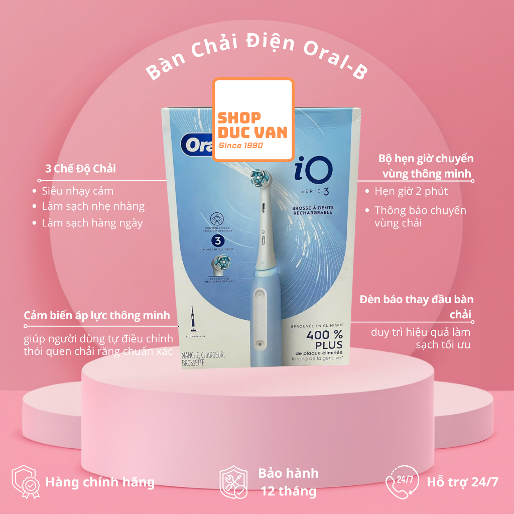 Bàn chải điện Oral-B iO3 dòng iO Series 3 thông minh cảm biến áp lực nướu, làm sạch sâu mảng bám [ S