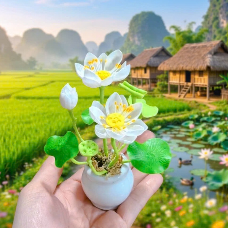 Chậu hoa sen trắng bằng đất sét Nhật