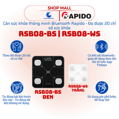 [HỎA TỐC] Cân sức khỏe thông minh Rapido RSB08-WS|RSB08-BS - Có kết nối bluetooth - Chính hãng