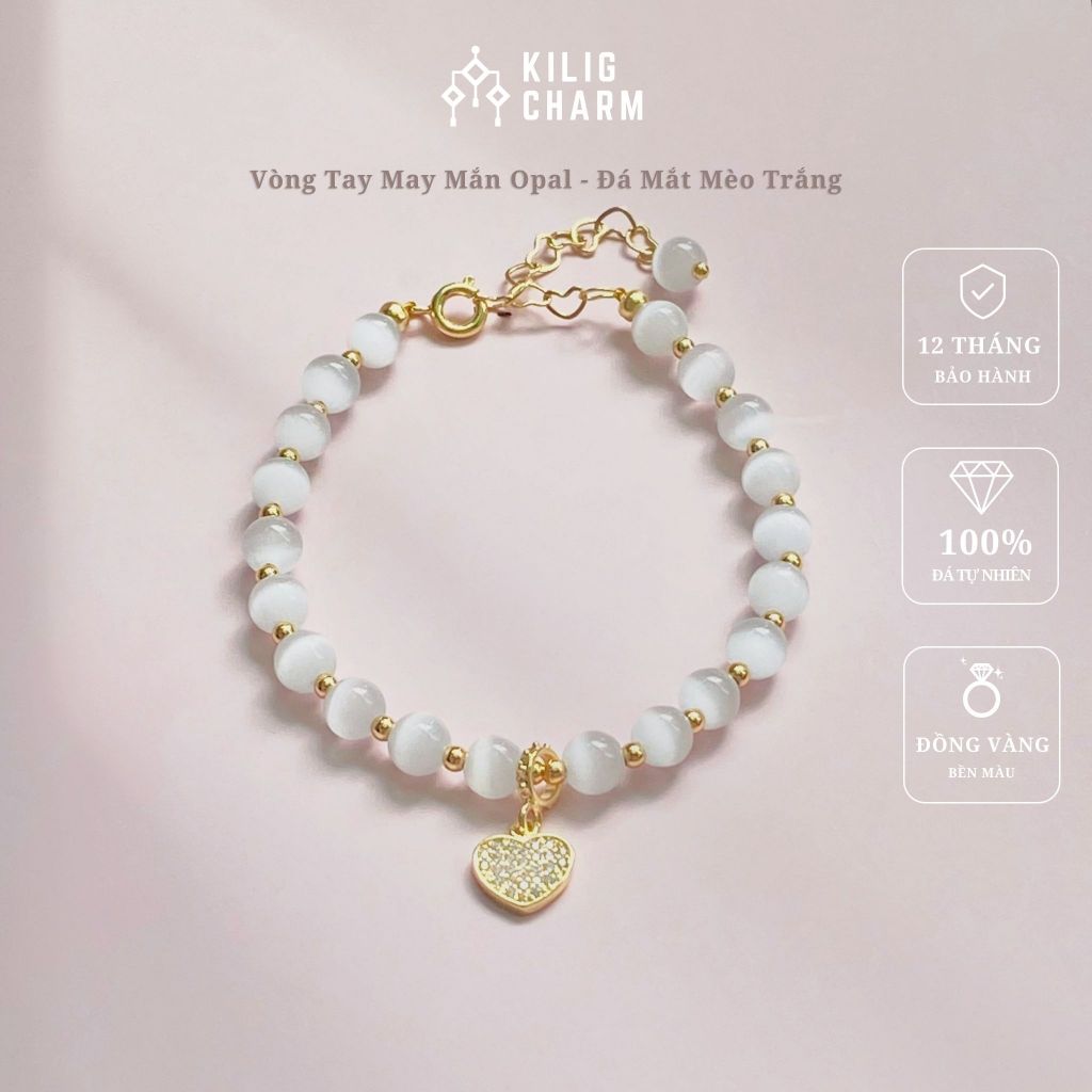 Vòng tay nữ đá mắt mèo trắng thu hút tập trung may mắn, lắc tay mệnh Kim KC05 - KILIG CHARM