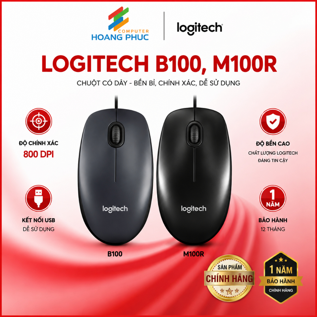 Chuột có dây Logitech B100, M100R - Hàng chính hãng