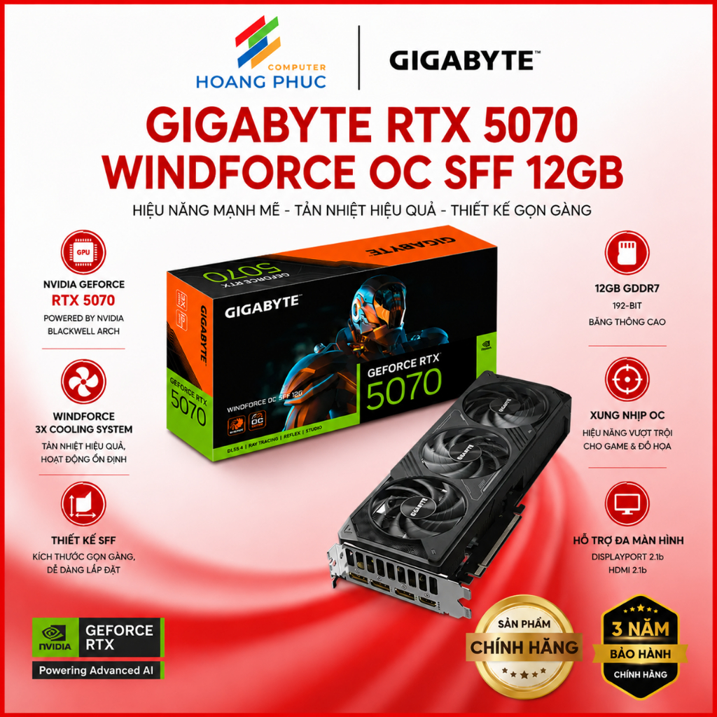 Card màn hình VGA Gigabyte RTX 5070 WINDFORCE OC SFF 12GB (N5070WF3OC-12GD) - Hàng chính hãng bảo hà