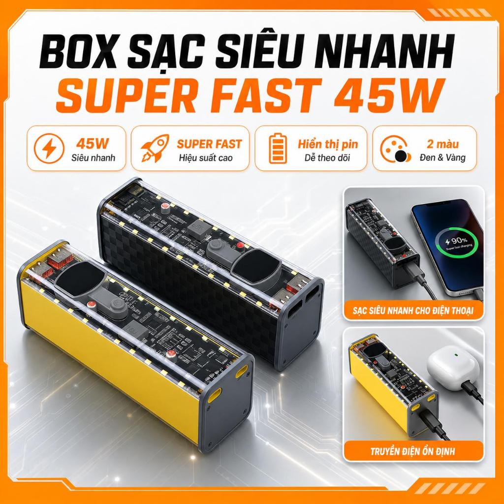 Box Sạc Dự Phòng Super Fast 45W Không Cần Hàn, Vỏ Sạc Dự Phòng Siêu Nhanh Tự Lắp Pin