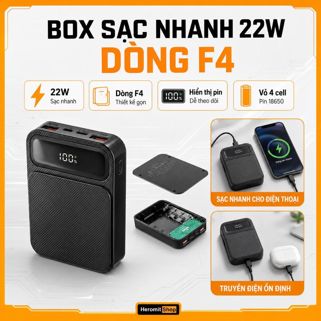 Box Sạc Dự Phòng 18650 4 Cell Sạc Nhanh 22W, Vỏ Sạc Pin Dự Phòng F4