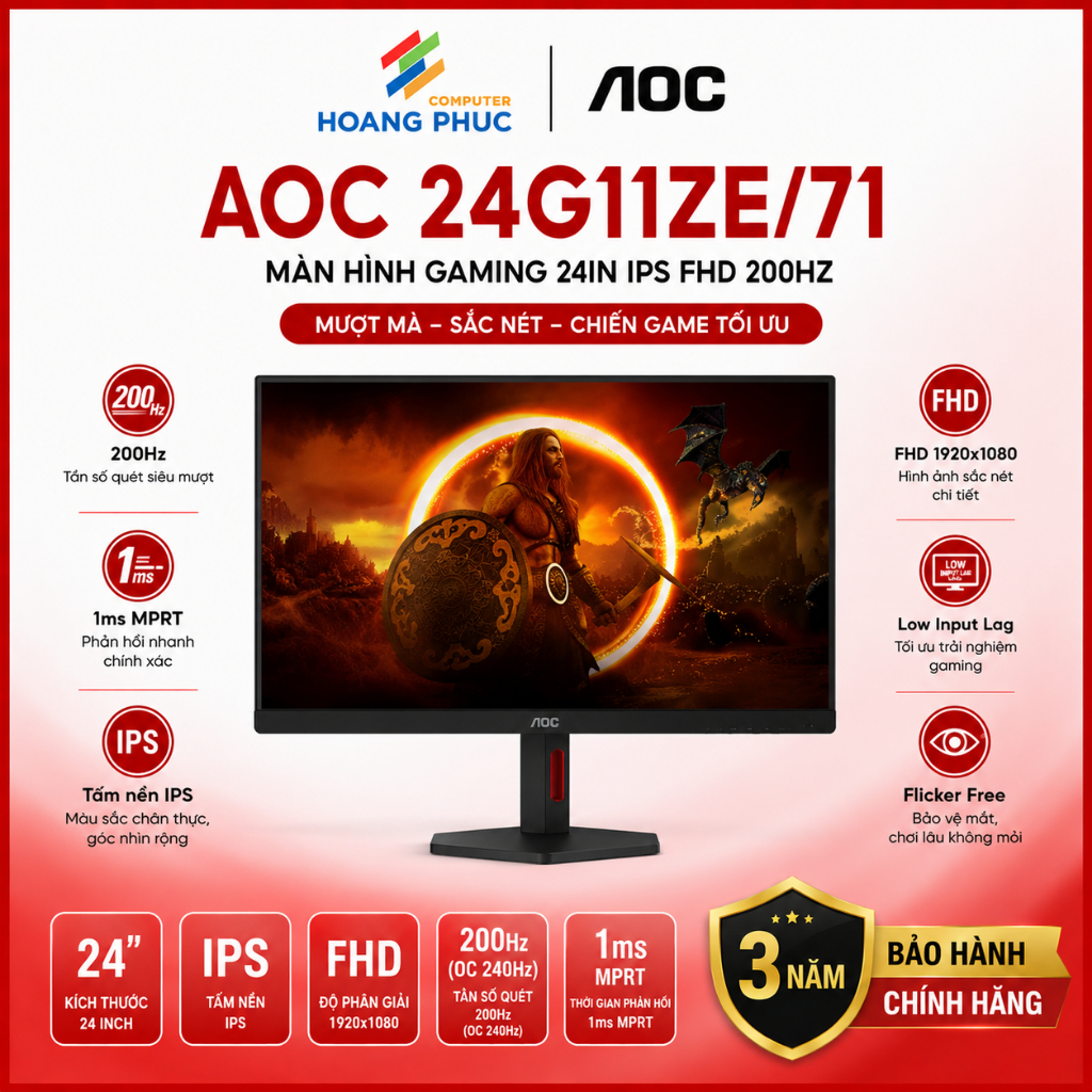 MÀN HÌNH MÁY TÍNH AOC 24G11ZE/71 24IN, IPS, FHD, 200HZ (OC240HZ) - Hàng chính hãng bảo hành  3 năm