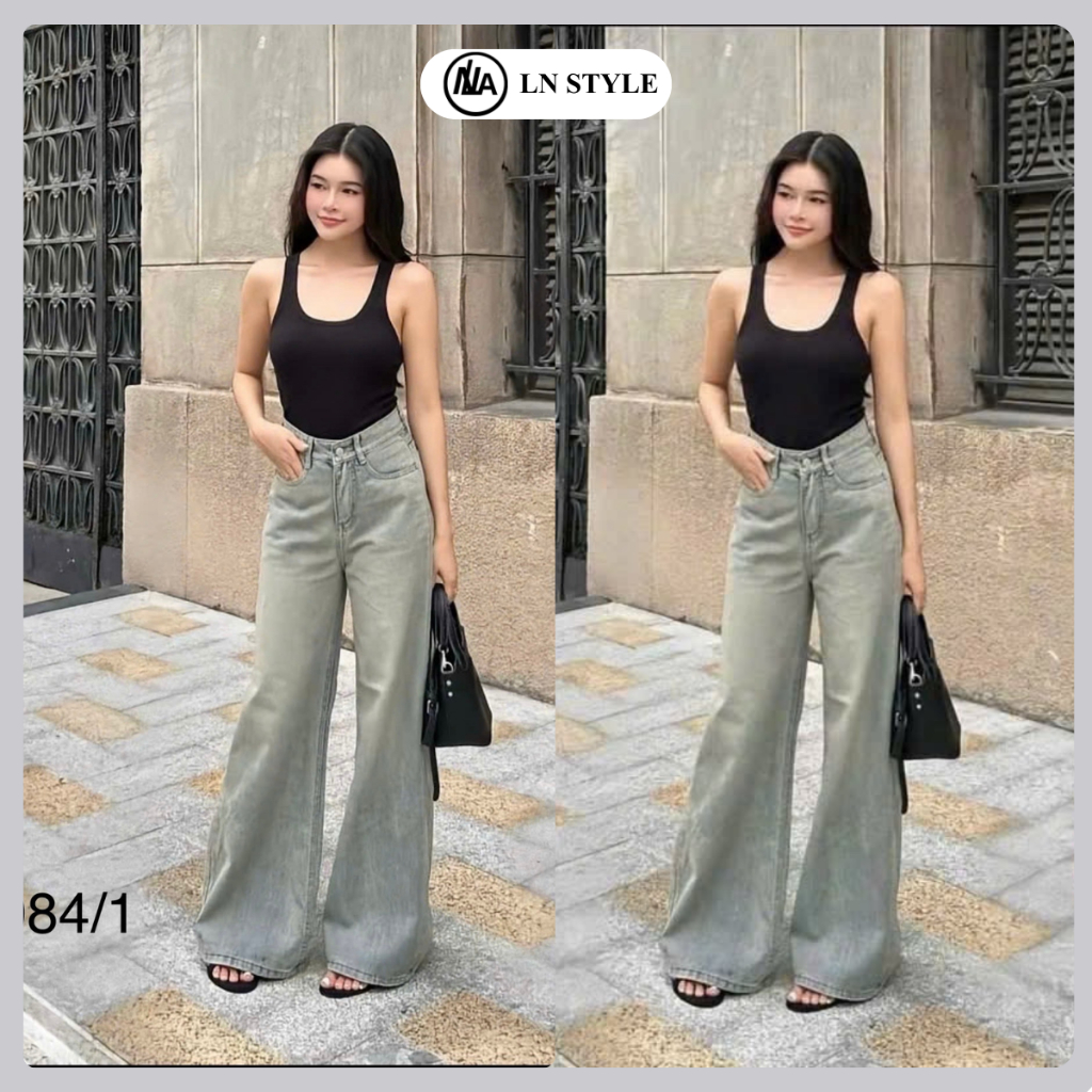 LN.STYLE -Quần Jean Nữ Ống Loe Cotton Kiểu Màu sáng xanh – Chất Jean Cotton Dày, Form Đứng Cá Tính (