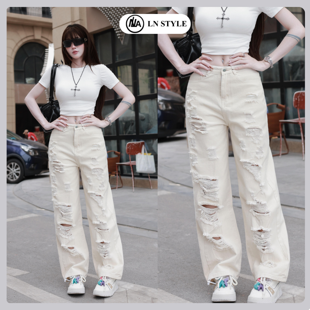 LN.STYLE-Quần Jean Nữ Suông Trắng Rách Kiểu (90) Cao Cấp -Phong Cách Sang Trọng – Tôn Dáng – Dễ Phối