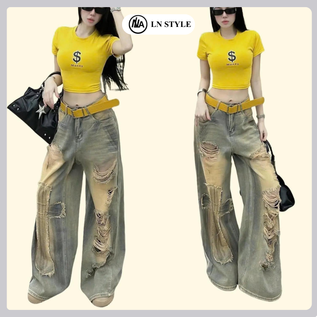 LN.STYLE – Quần Jean Nữ Ống Suông Rách Chữ Thập (100) Wash  Ánh Vàng Bụi Vintage, Form Rộng Hack Dán