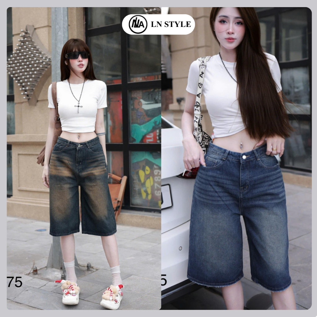 LN STYLE- Quần Jean Nữ Short Ngố Lững Ống Rộng Wash Kiểu và Rách vải Jean Cotton dài 62 cm Chất Liệu