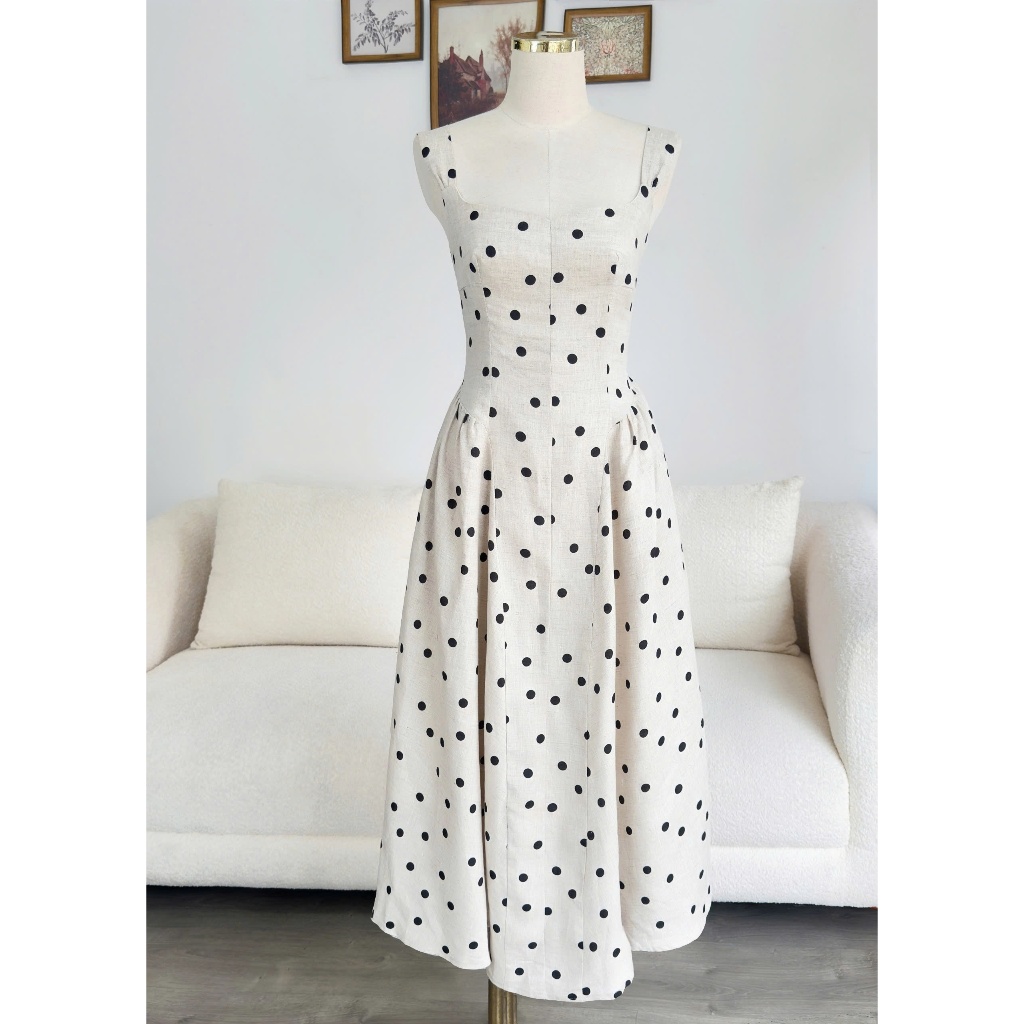 𝗖𝗹𝗼𝘁𝗵𝗲𝘀 𝗕𝗮𝗿 - Diana Dress (Café Polka) | Đầm midi linen chấm bi 2 dây xẻ ngực dáng dài