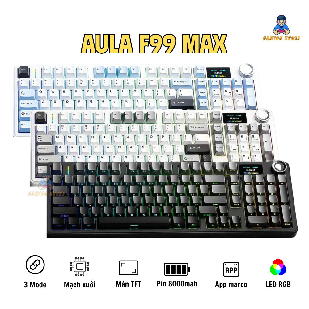 Bàn phím cơ không dây Aula F99 max - 3 mode kết nối - màn hình TFT - Pin 8000mah - Gasket mount