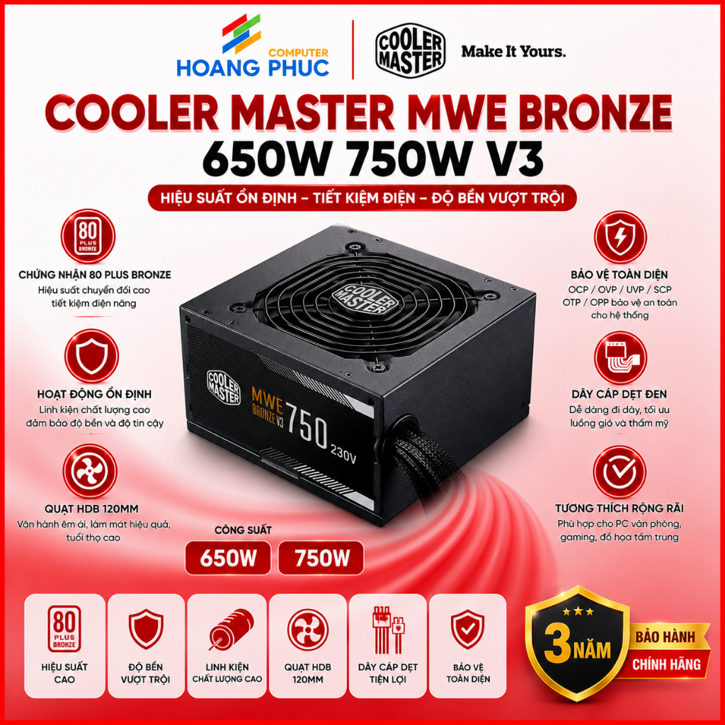 Nguồn máy tính Cooler Master MWE BRONZE 650W 750W V3 230V - Hàng chính hãng bảo hành 5 năm