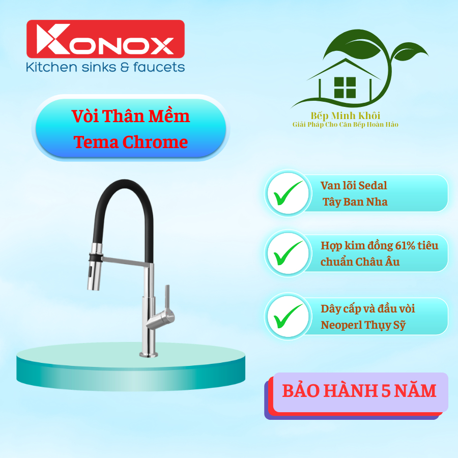 Vòi rửa bát thân mềm Tema Chrome, Vòi KONOX Chính hãng bảo hành 5 năm