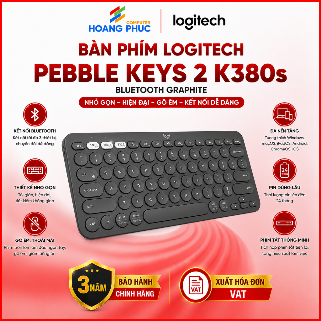 Bàn phím Logitech Pebble Keys 2 K380s Bluetooth Graphite - Hàng chính hãng bảo hành 12 tháng
